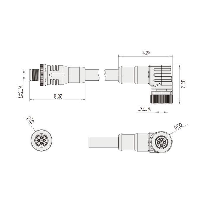 M12 4Pin S-coded, female 90° turn male straight, double end pre-cast PVC non-flexible cable, yellow sheath, 64SD43-XXX