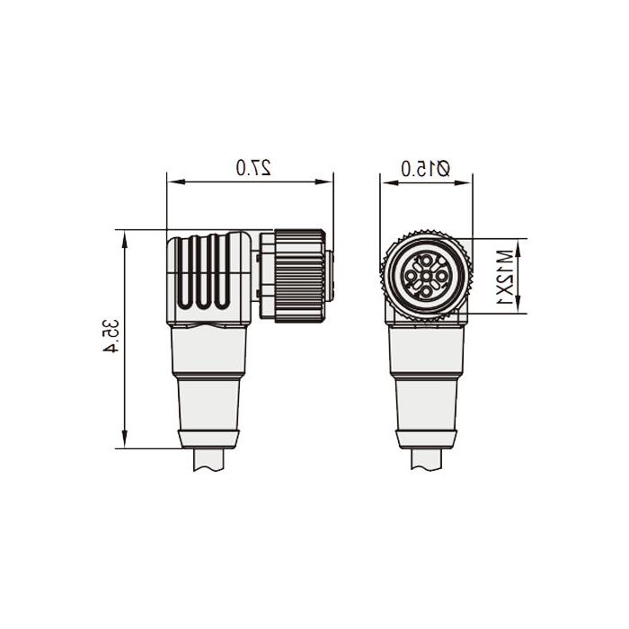 M12 3-PIN, female 90°, LED light, IP 69K-ECOLAB, food grade, single-end precast PUR flexible cable, black sheathed, 64E001-XXX