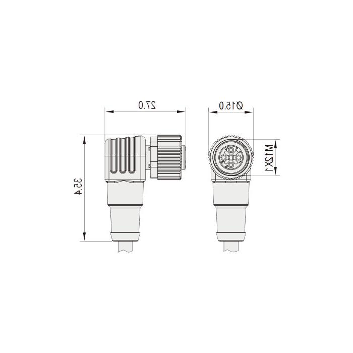 M12 4Pin, female 90°, high temperature resistance 120 ° C, single-end precast PUR flexible cable, black sheathed, 64H061-XXX